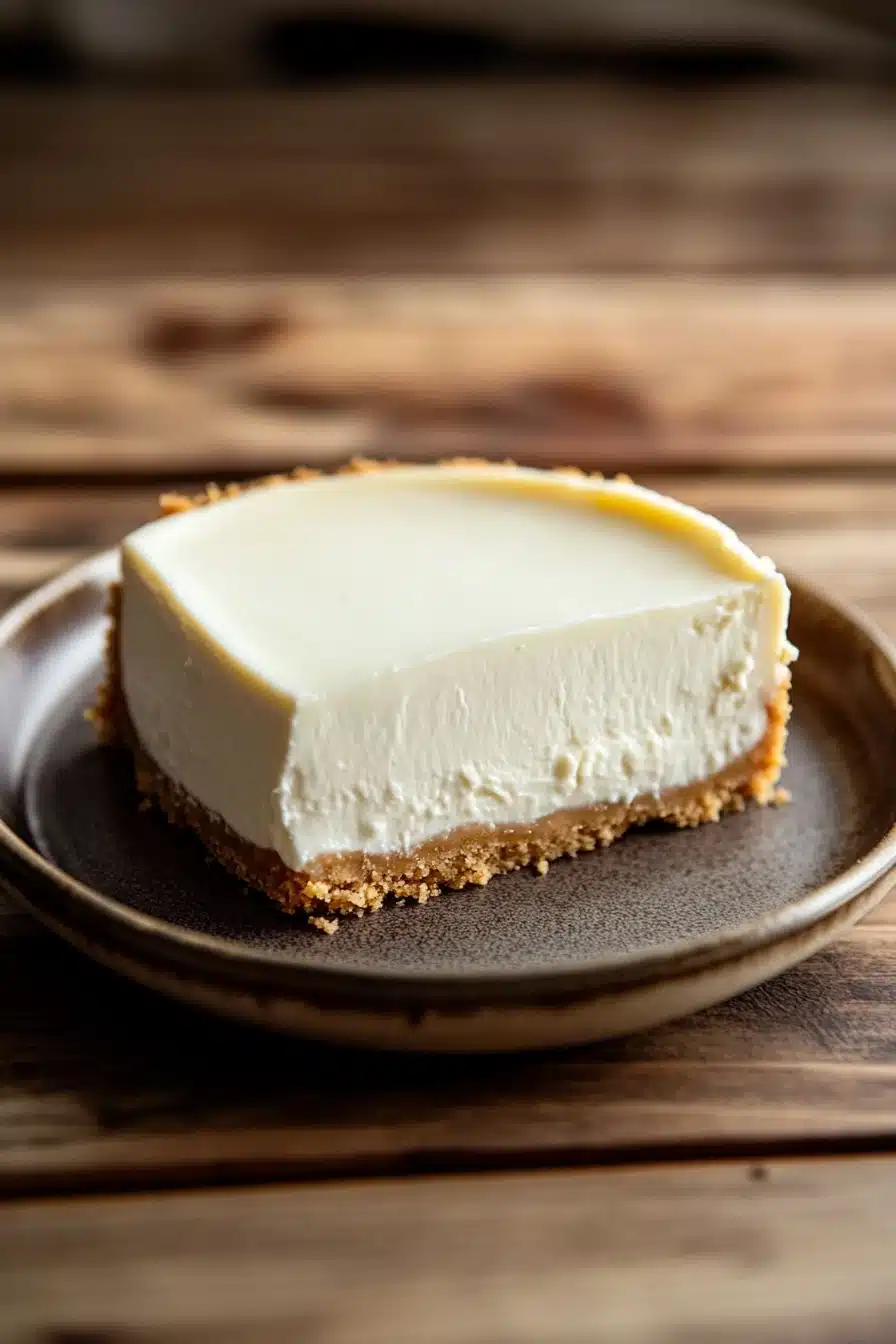 Close-up of a creamy greek yogurt cheesecake with a golden crust and minimal background.