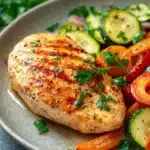 Close-up of grilled chicken breast with colorful vegetables on a white plate
