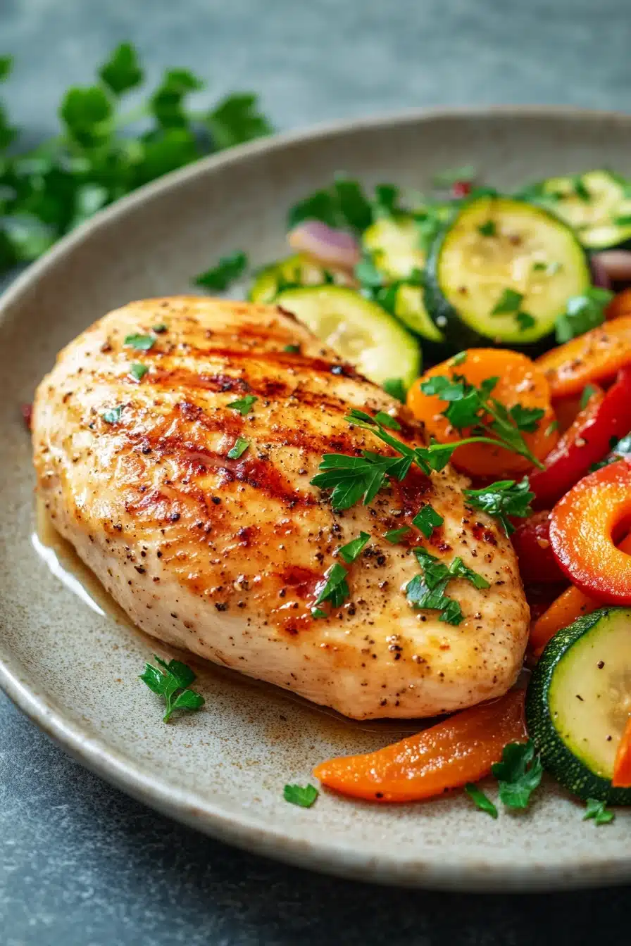 Close-up of grilled chicken breast with colorful vegetables on a white plate