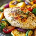 Close-up of grilled chicken breast with colorful vegetables on a white plate