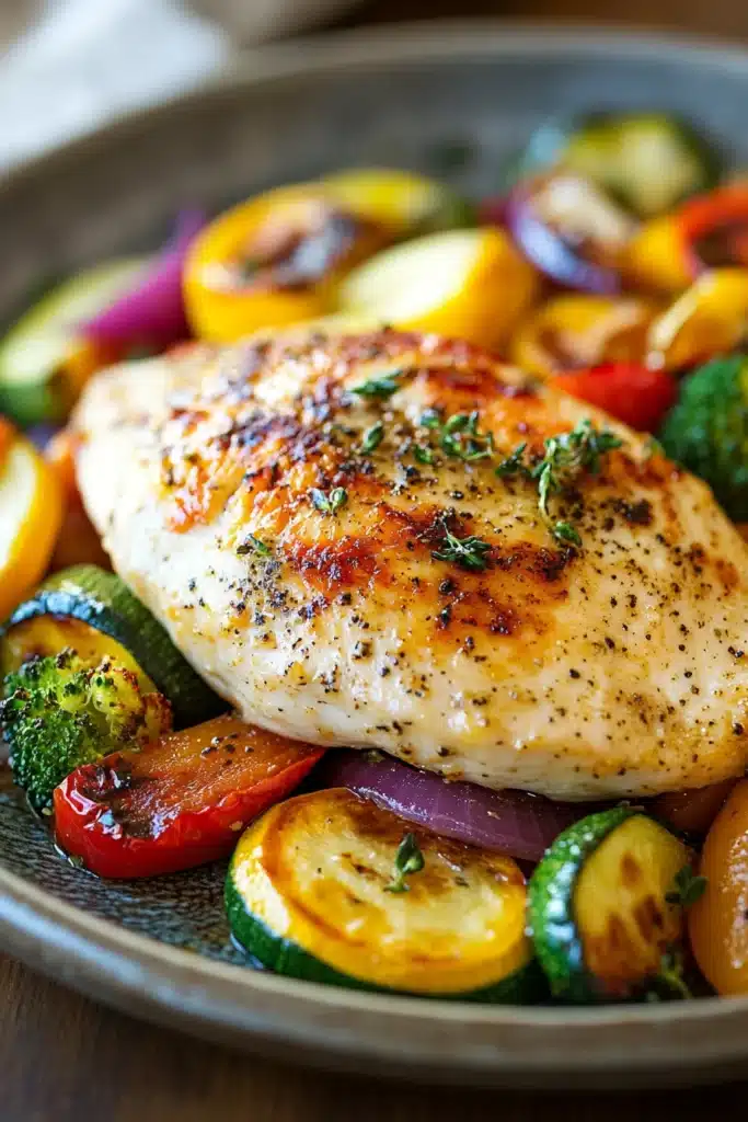 Close-up of grilled chicken breast with colorful vegetables on a white plate