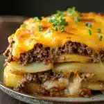 Close-up of a delicious ground beef and potato casserole with a golden crust