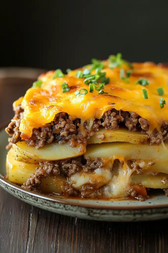 Close-up of a delicious ground beef and potato casserole with a golden crust