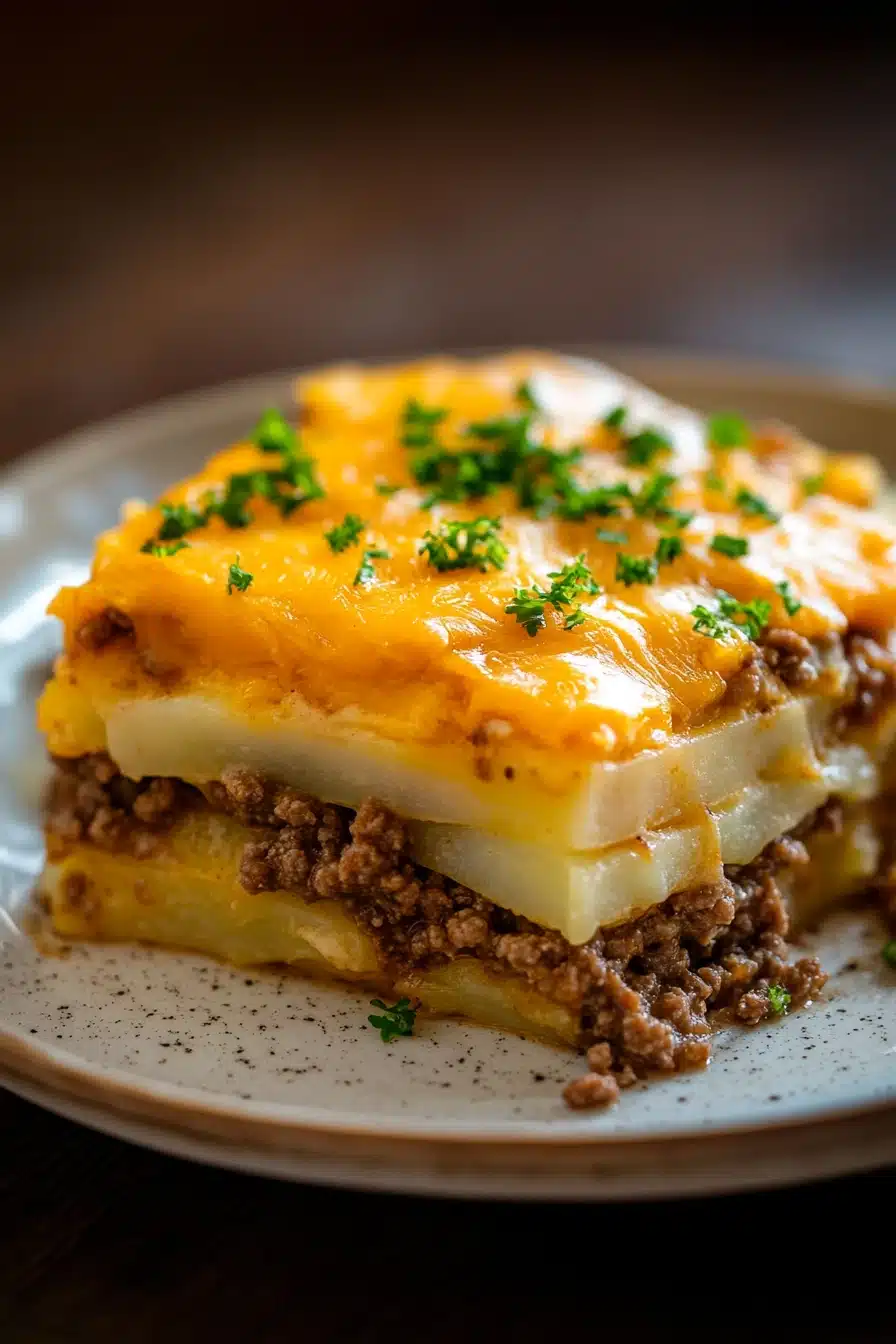 Close-up of a ground beef and potato casserole with crispy top and herbs