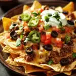 Close-up of ground beef dinner nachos with melted cheese and garnishes