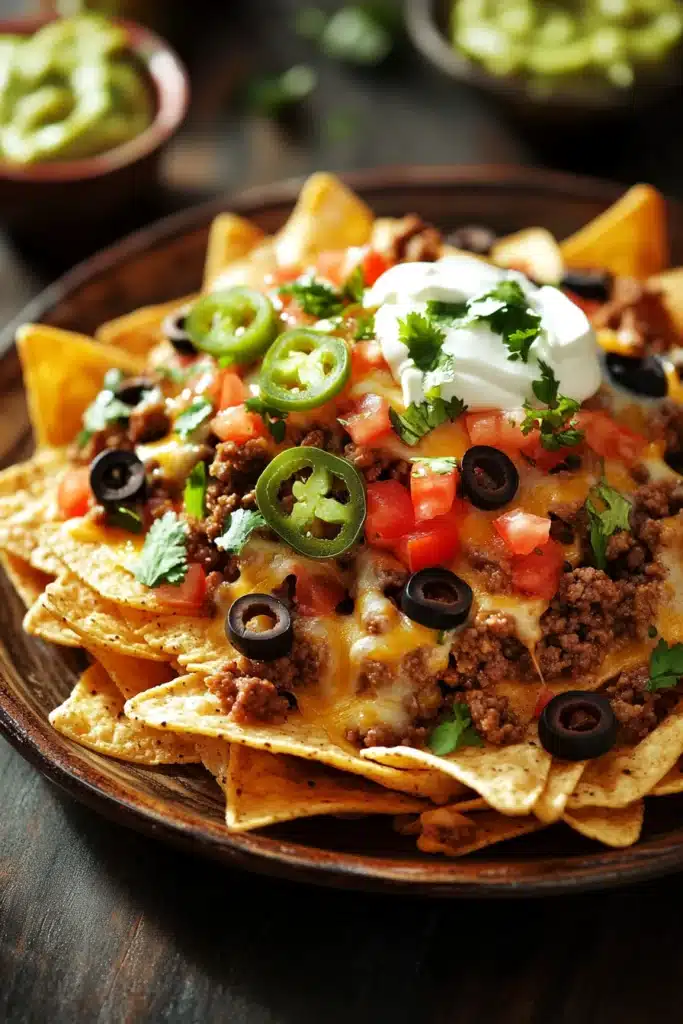 Close-up of ground beef dinner nachos with melted cheese and garnishes