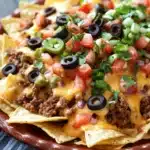 Close-up of ground beef dinner nachos with melted cheese and toppings.