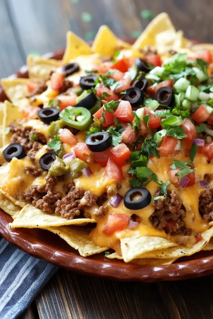 Close-up of ground beef dinner nachos with melted cheese and toppings.