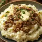 Close-up of a hearty ground beef dinner with mashed potatoes on a plate
