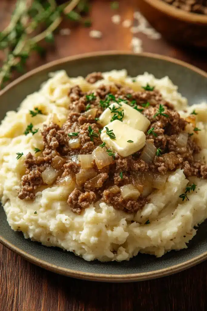 Close-up of a hearty ground beef dinner with mashed potatoes on a plate