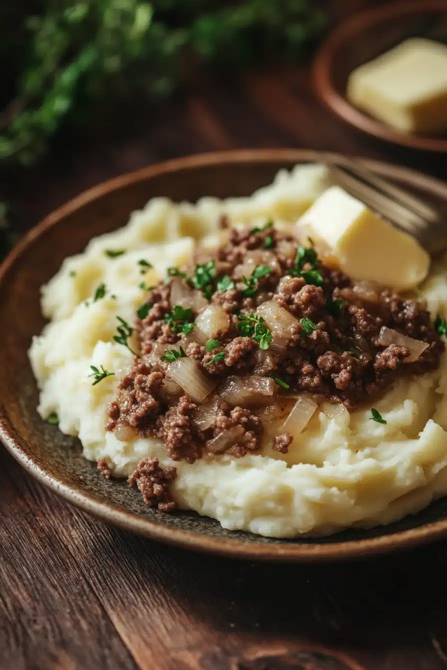 Close-up of a hearty ground beef dinner with mashed potatoes on a plate.