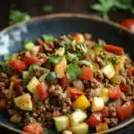 Close-up of a delicious ground beef dish with gluten-free ingredients, perfect for a hearty meal.