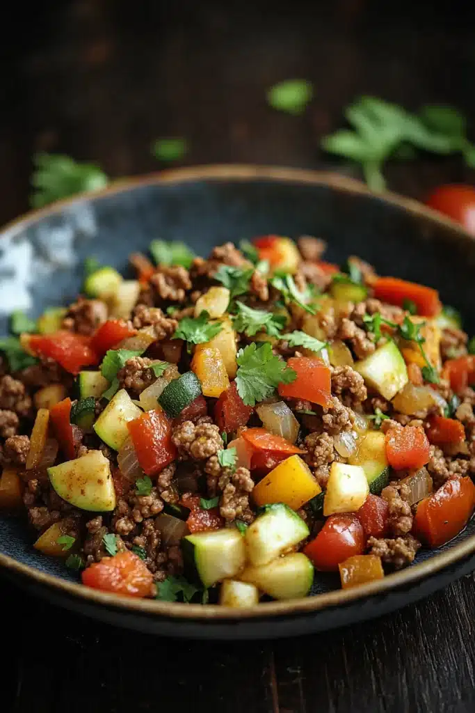 Close-up of a delicious ground beef dish with gluten-free ingredients, perfect for a hearty meal.
