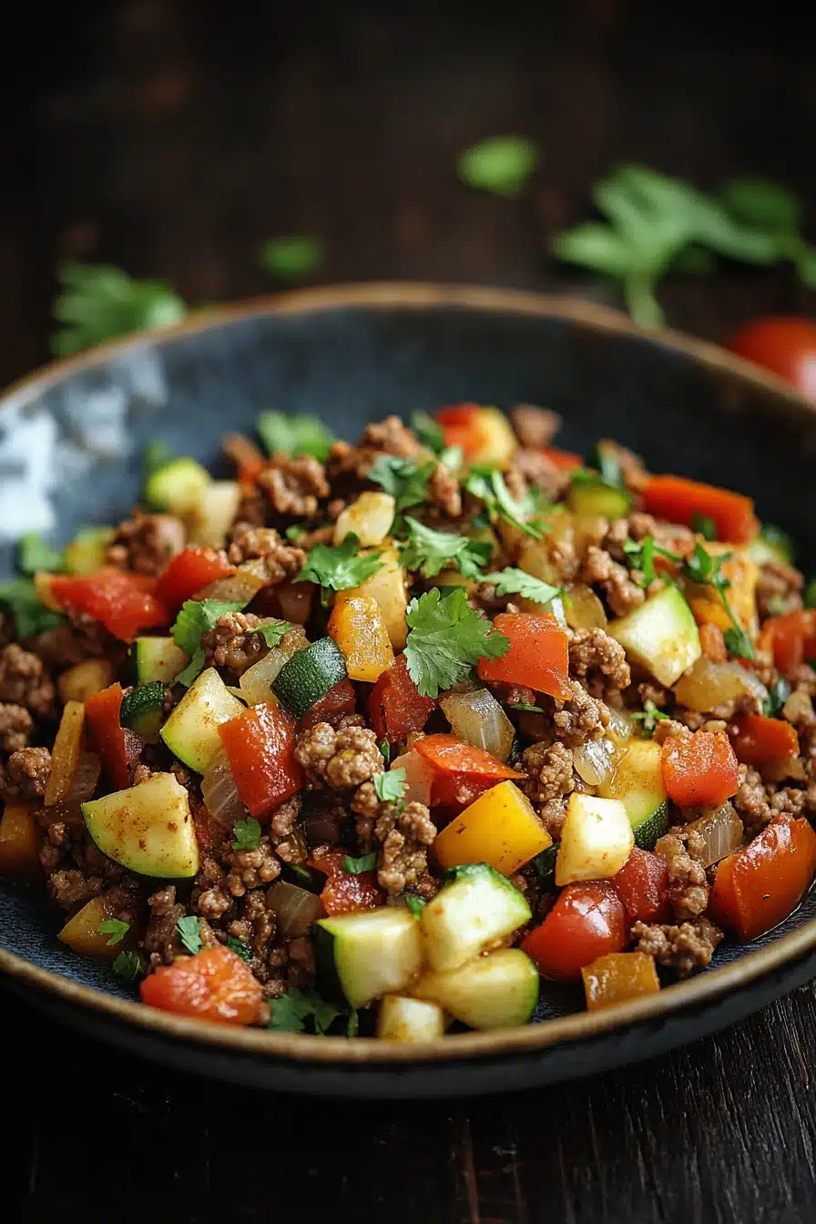 Close-up of a delicious ground beef dish with gluten-free ingredients, perfect for a hearty meal.