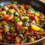 Close-up of a hearty ground beef dish with vegetables, gluten-free