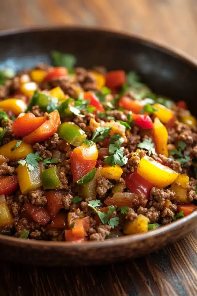 Close-up of a hearty ground beef dish with vegetables, gluten-free