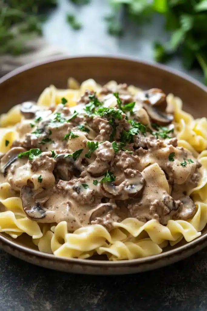 Close-up of ground beef stroganoff with creamy sauce and herbs.