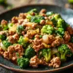 Close-up of a delicious ground turkey and broccoli dish with vibrant colors and appetizing textures.