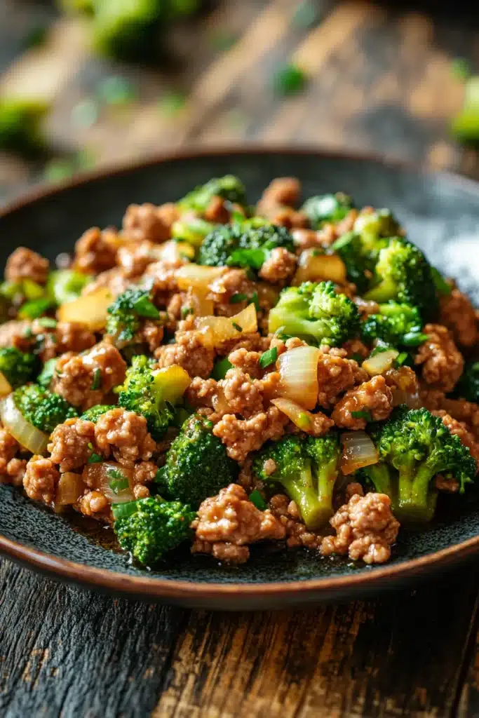 Close-up of a delicious ground turkey and broccoli dish with vibrant colors and appetizing textures.