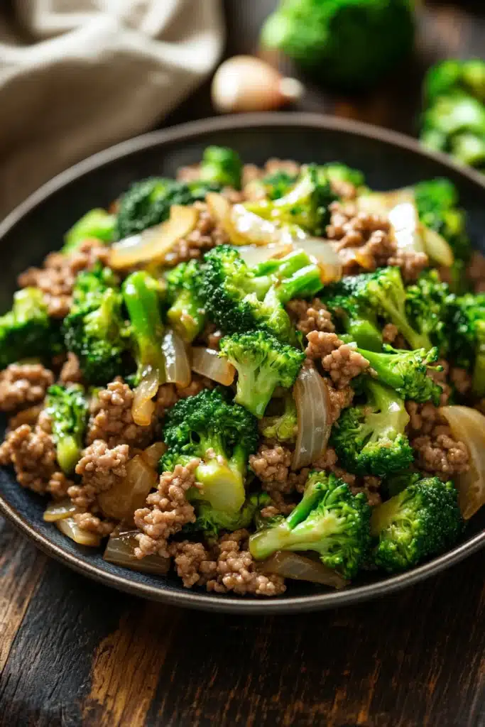 Close-up of a ground turkey and broccoli dish with bright, warm lighting.