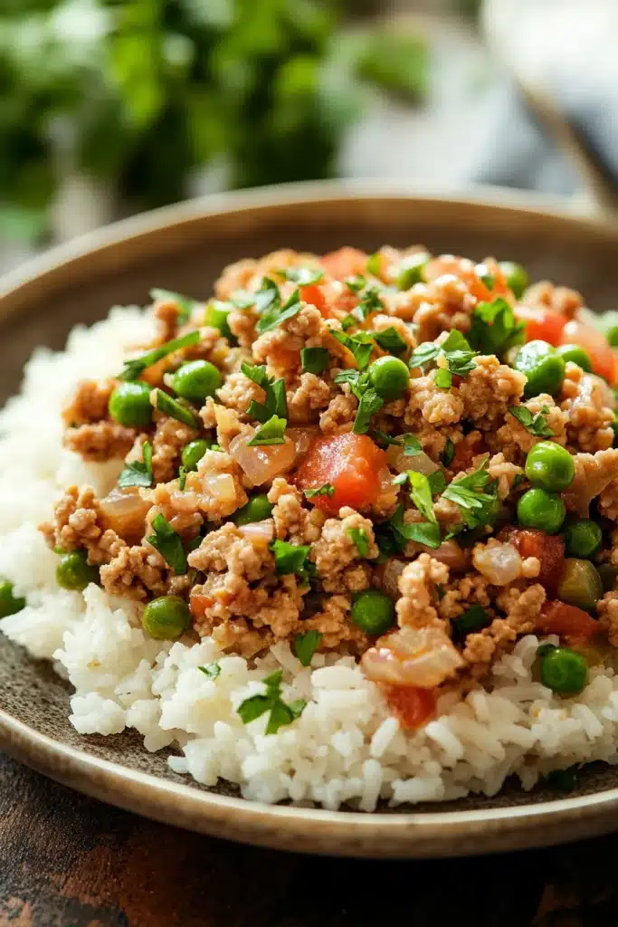 Close-up of a delicious ground turkey and rice dish with vibrant colors and appetizing presentation.