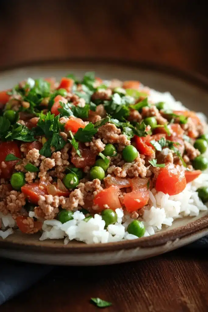 Close-up of a delicious ground turkey and rice dish with vibrant colors and textures.