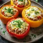 Close-up of low carb stuffed peppers with ground turkey and vegetables