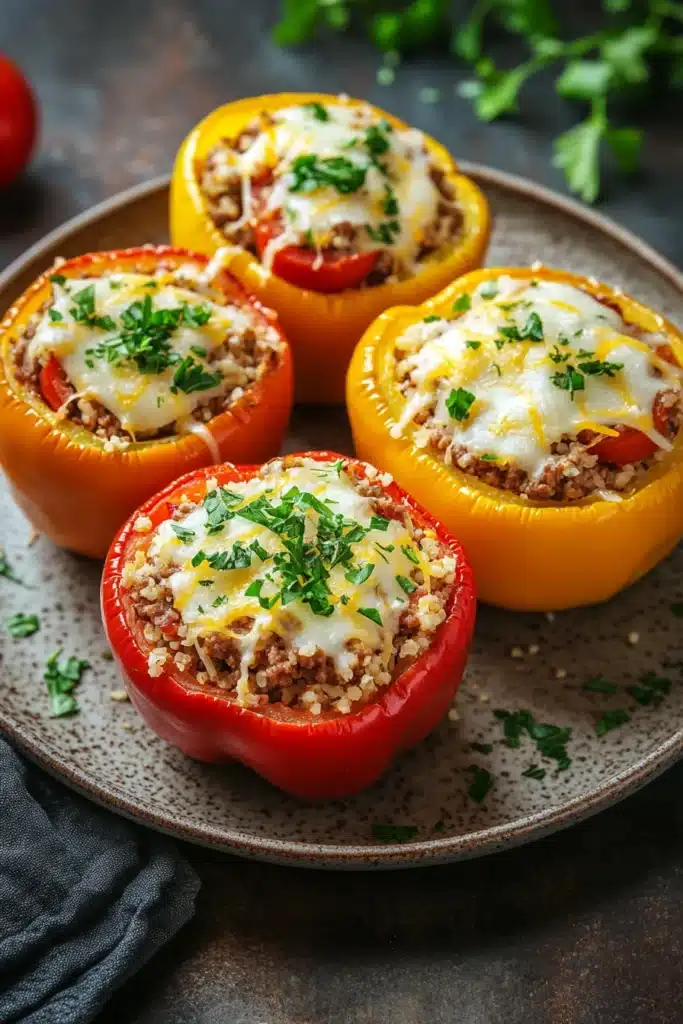 Close-up of low carb stuffed peppers with ground turkey and vegetables