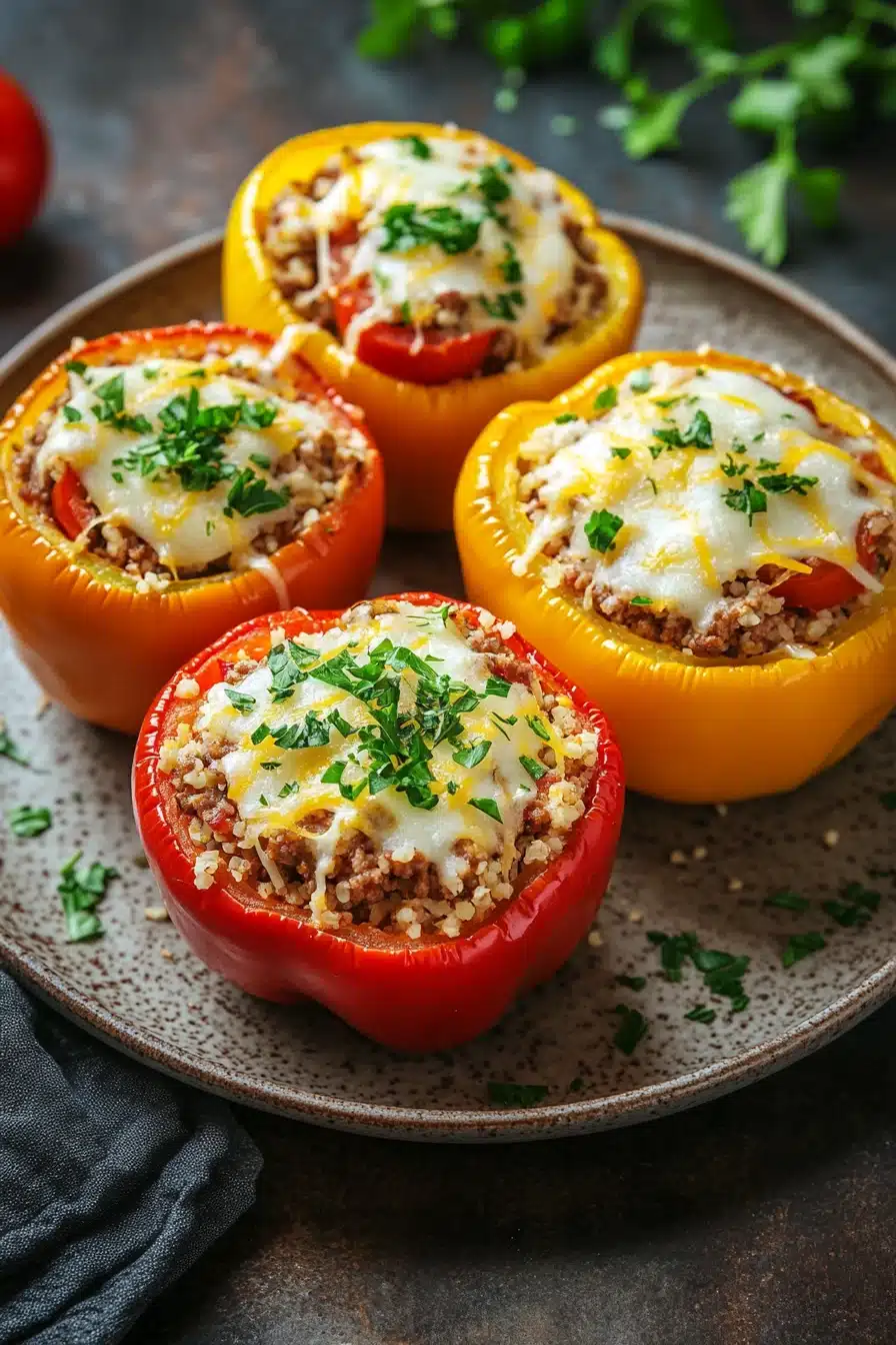 Close-up of low carb stuffed peppers with ground turkey and vegetables