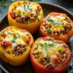 Close-up of low carb stuffed peppers with ground turkey, vibrant colors, and fresh herbs.