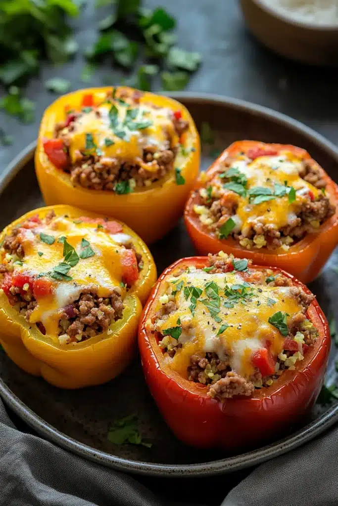 Close-up of low carb stuffed peppers with ground turkey, vibrant colors, and fresh herbs.