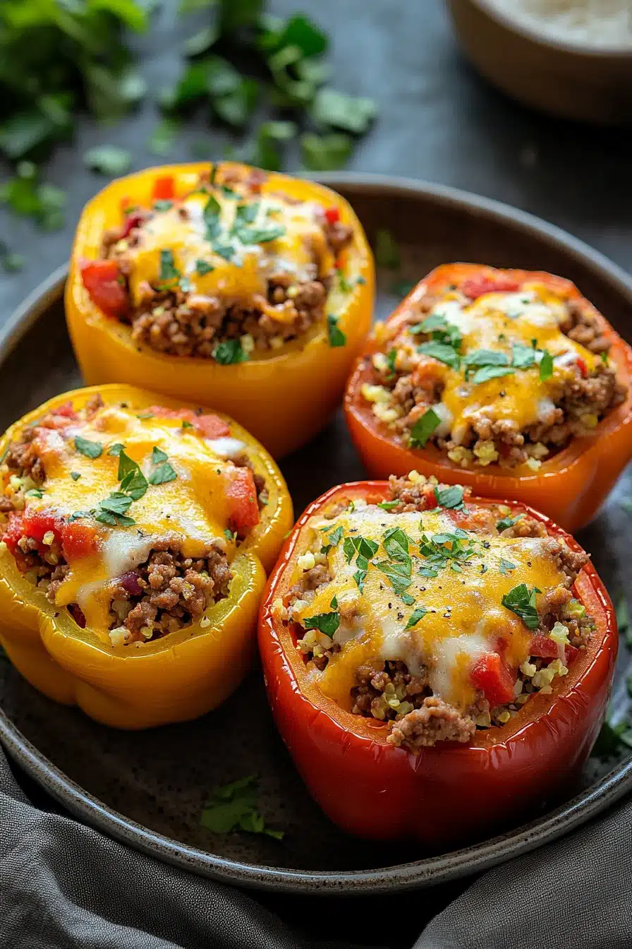 Close-up of low carb stuffed peppers with ground turkey, vibrant colors, and fresh herbs.