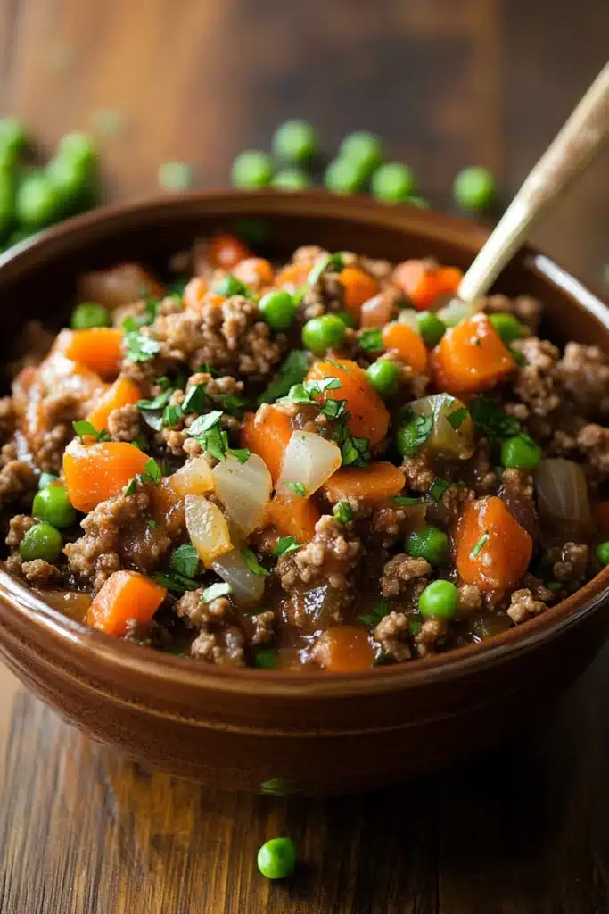 Close-up of a hearty ground beef crockpot dish with bright natural lighting