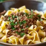Close-up of high protein beef and noodles with a clean background