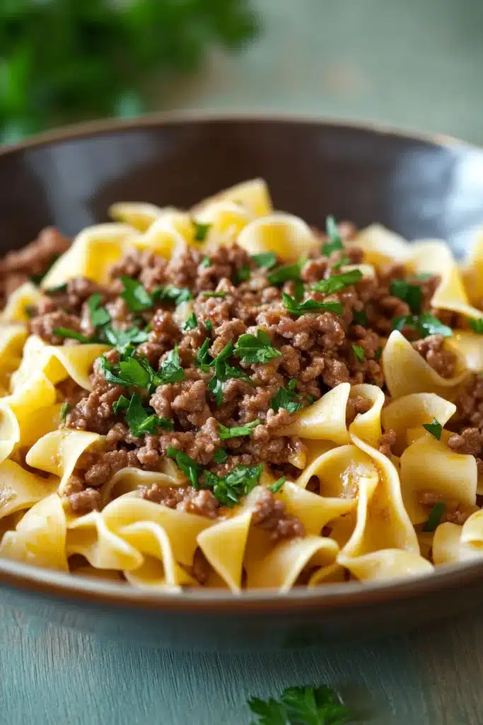 Close-up of high protein beef and noodles with a clean background