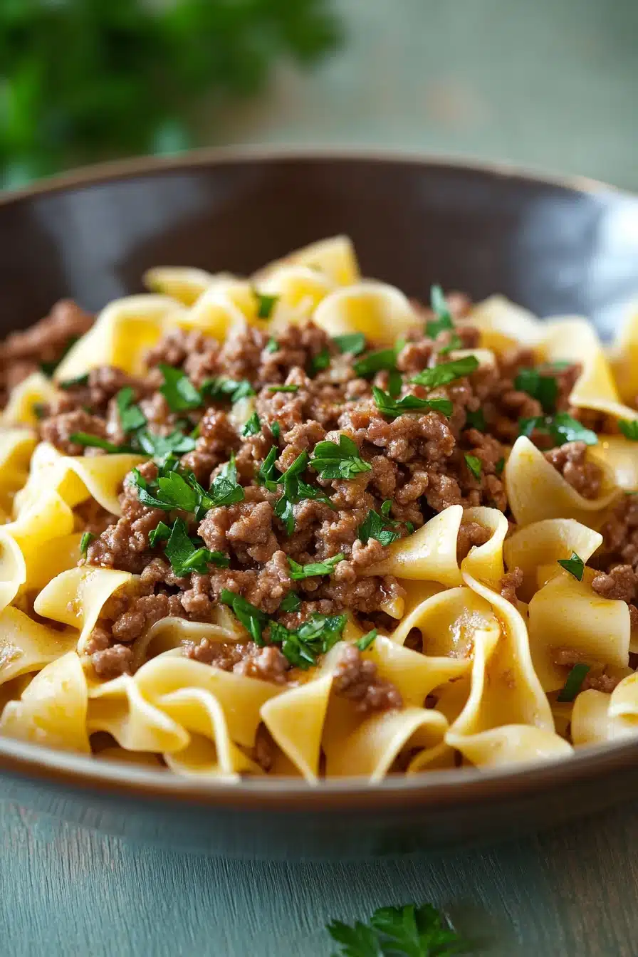 Close-up of high protein beef and noodles with a clean background