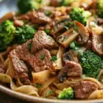Close-up of high protein beef and noodles with bright natural lighting.