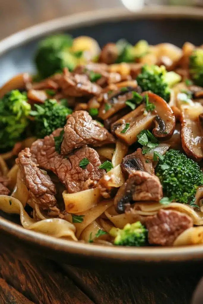 Close-up of high protein beef and noodles with bright natural lighting.