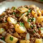 Close-up of high protein beef and potatoes with a warm, appetizing appearance.