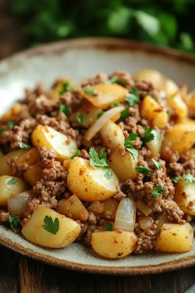 Close-up of high protein beef and potatoes with a warm, appetizing appearance.