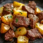 Close-up of a high protein beef and potatoes dish with bright lighting and minimal background.