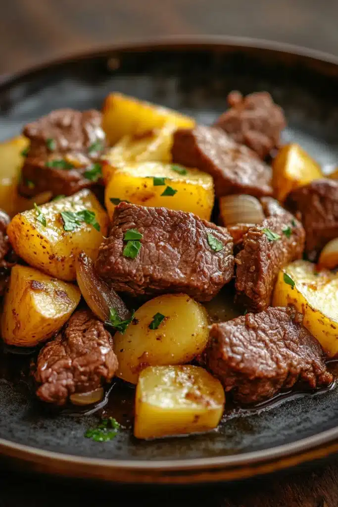 Close-up of a high protein beef and potatoes dish with bright lighting and minimal background.