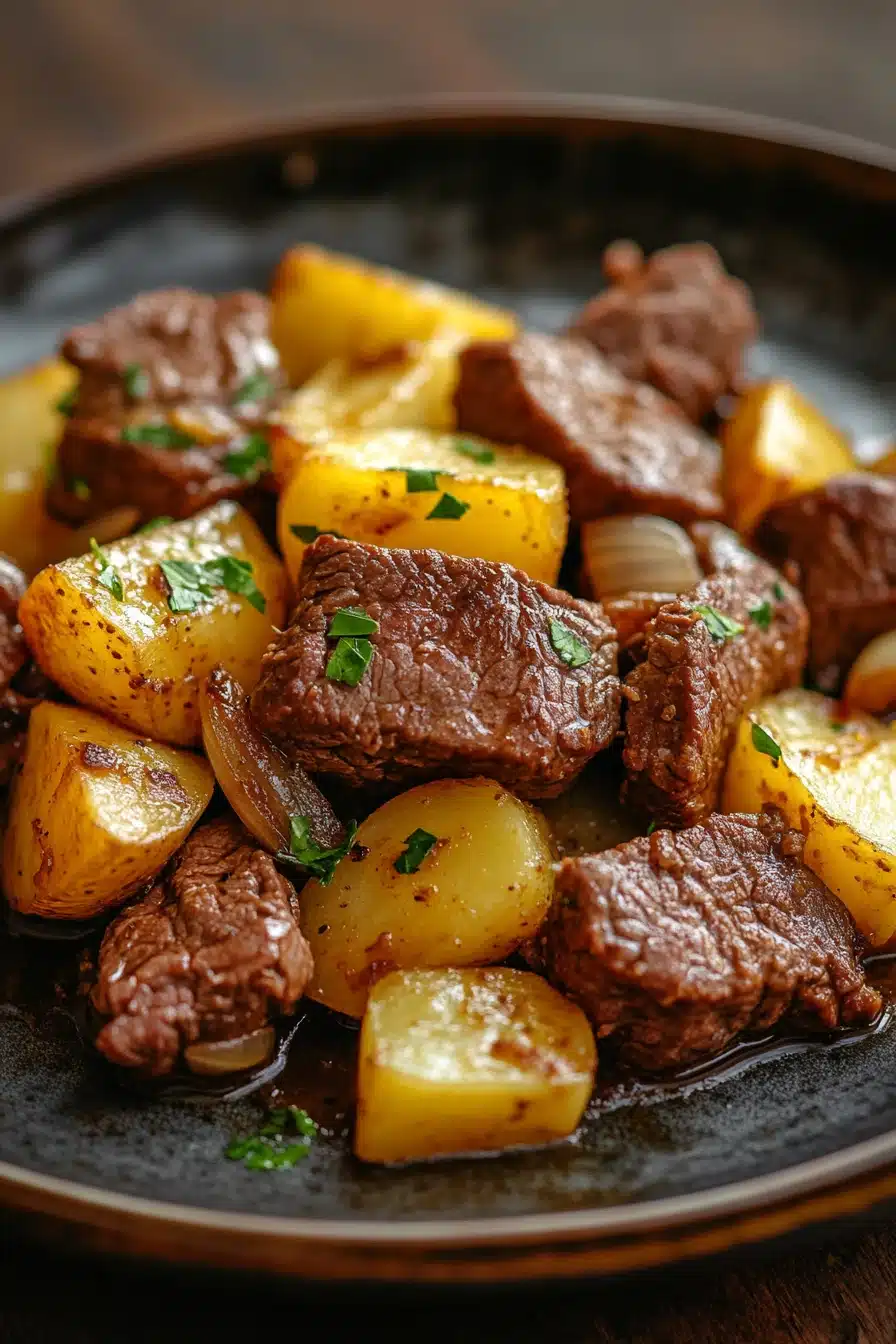 Close-up of a high protein beef and potatoes dish with bright lighting and minimal background.