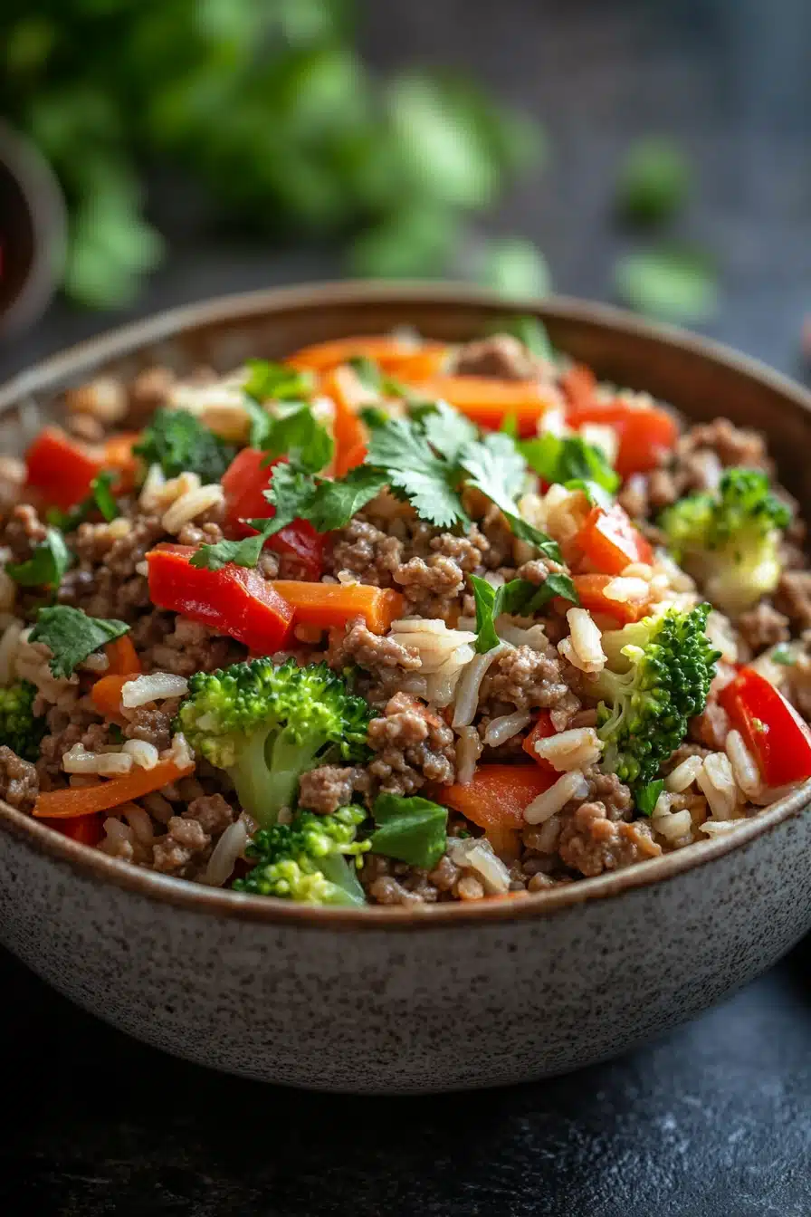 Close-up of a high protein beef and rice bowl with vibrant colors and fresh ingredients.