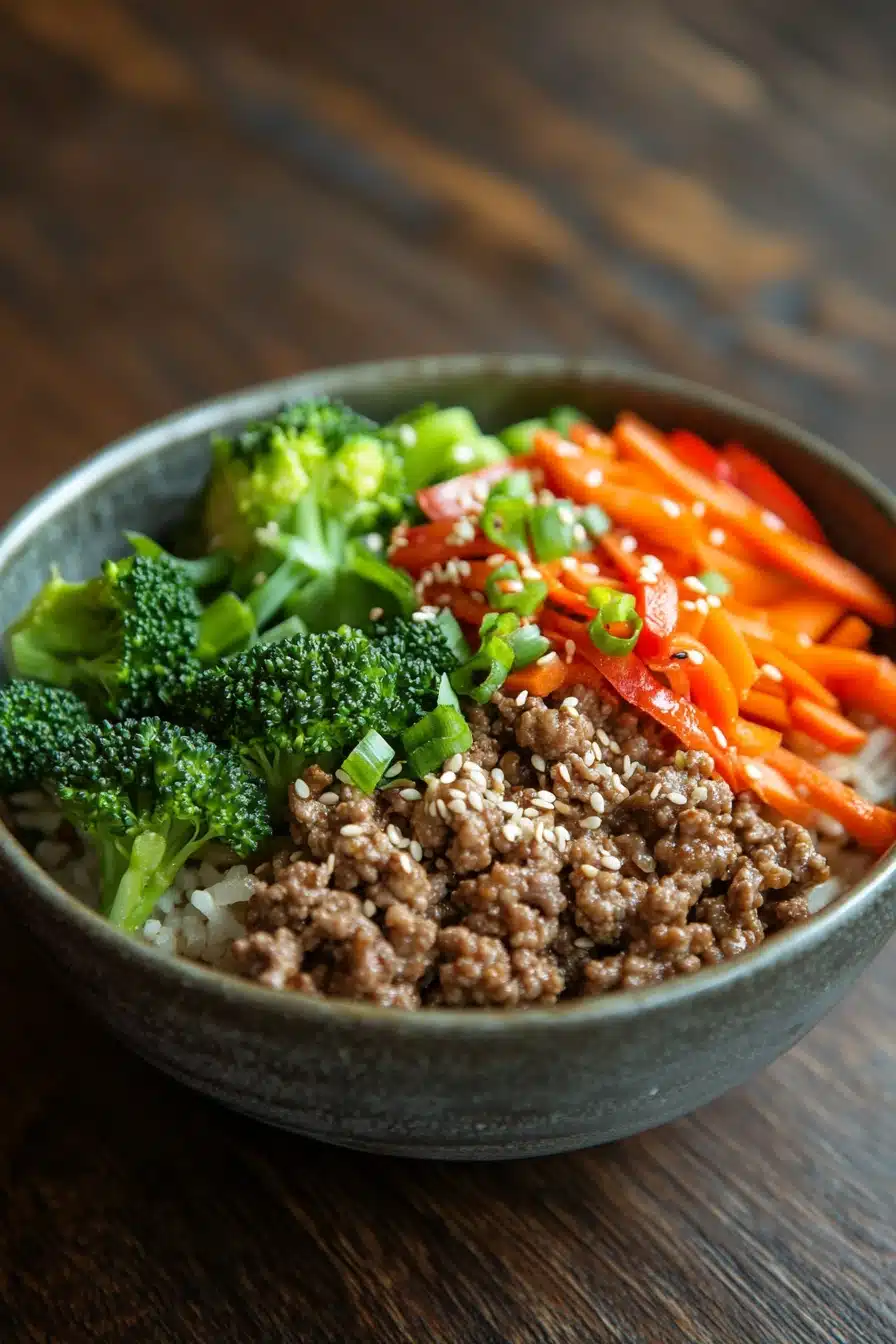 Close-up of a high protein beef and rice bowl with vibrant colors and fresh ingredients.