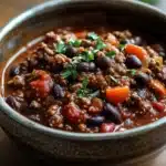 Close-up of a hearty beef chili in a crock pot with beans and spices, perfect for a high protein meal.
