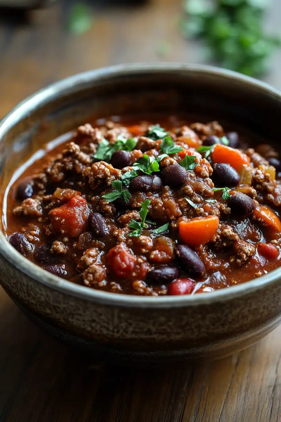 Close-up of a hearty beef chili in a crock pot with beans and spices, perfect for a high protein meal.