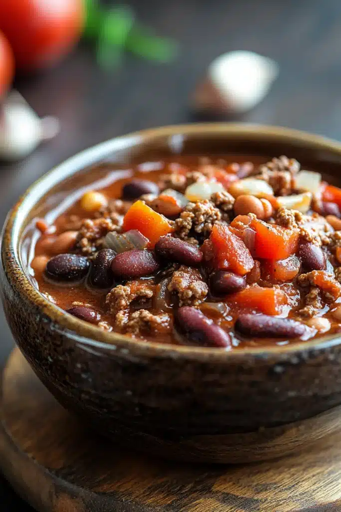 Close-up of a hearty beef chili in a crock pot with visible beans and beef chunks.
