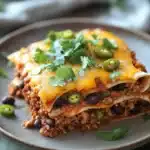 Close-up of a high protein beef enchilada casserole with melted cheese and garnishes.