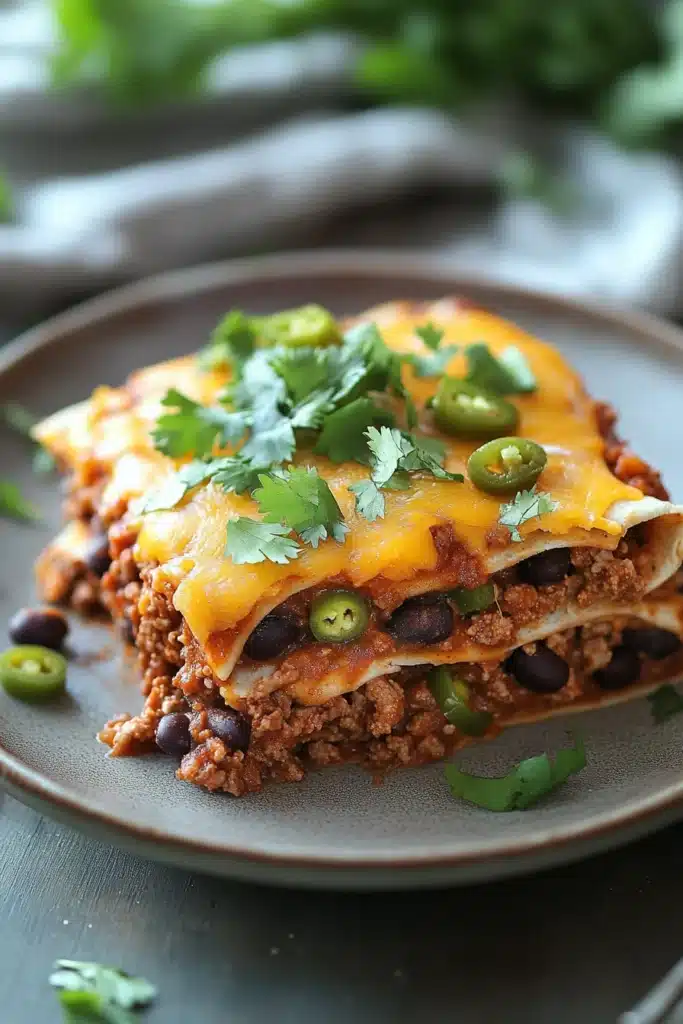 Close-up of a high protein beef enchilada casserole with melted cheese and garnishes.